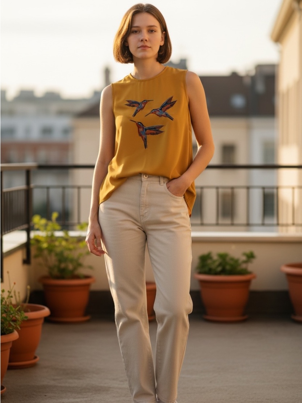 Mustard Yellow Sleeveless Top with Embroidered Hummingbirds
